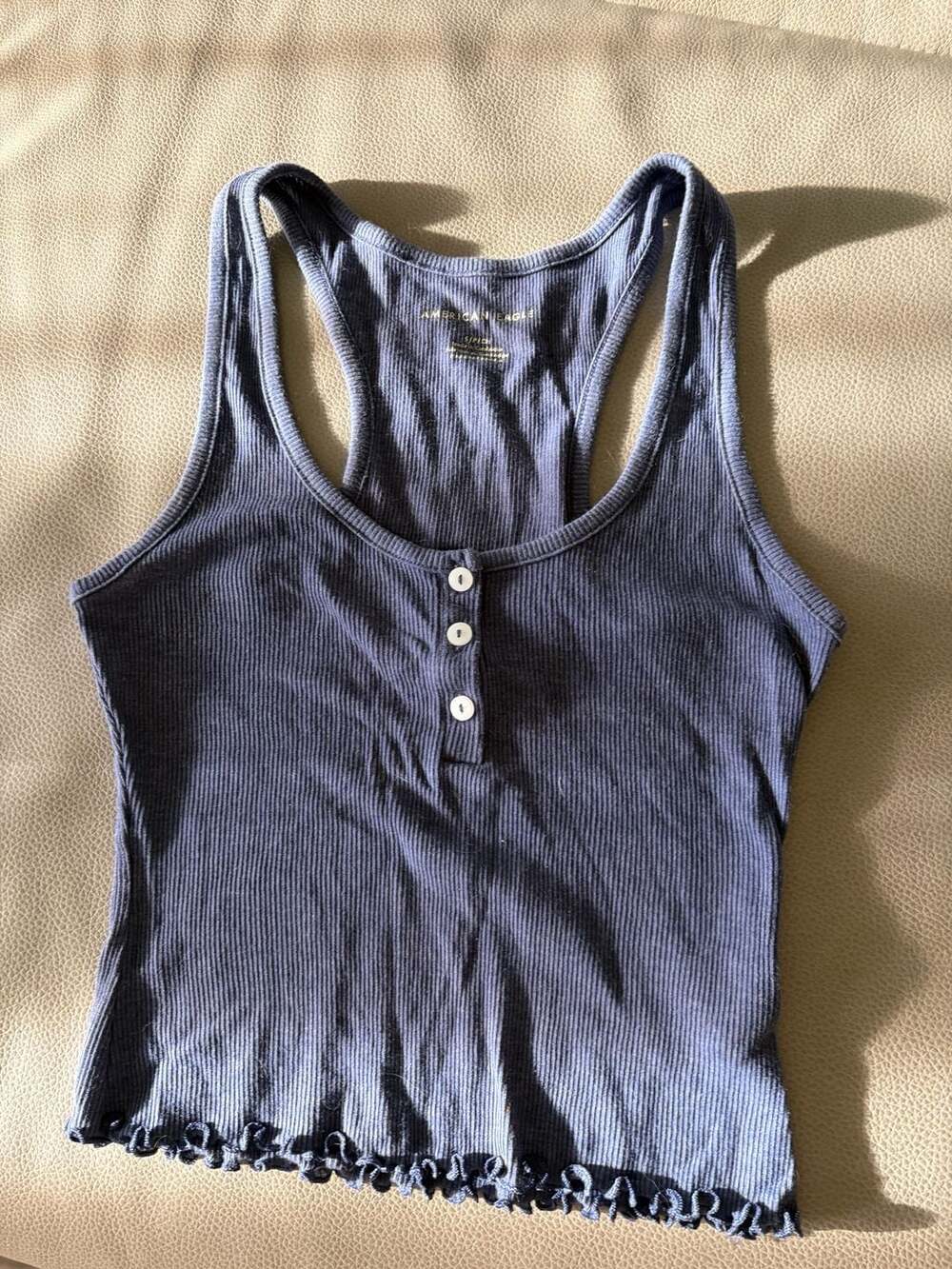 American Eagle Ribbed Henley Lettuce Edge Tank Top